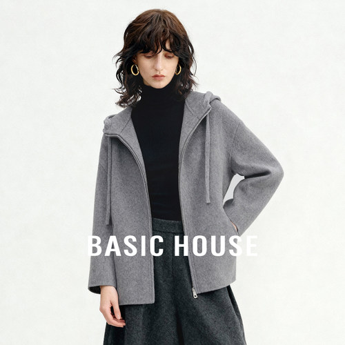 Basic House/百家好秋季灰色连帽羊毛呢外套女宽松短款百搭上衣