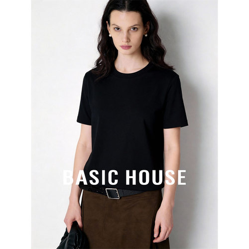 Basic House/百家好黑色圆领休闲百搭短袖T恤女26秋正肩简约内搭