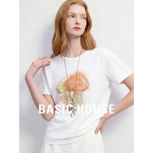 Basic House/百家好白色蘑菇印花短袖T恤女夏季圆领百搭显瘦上衣