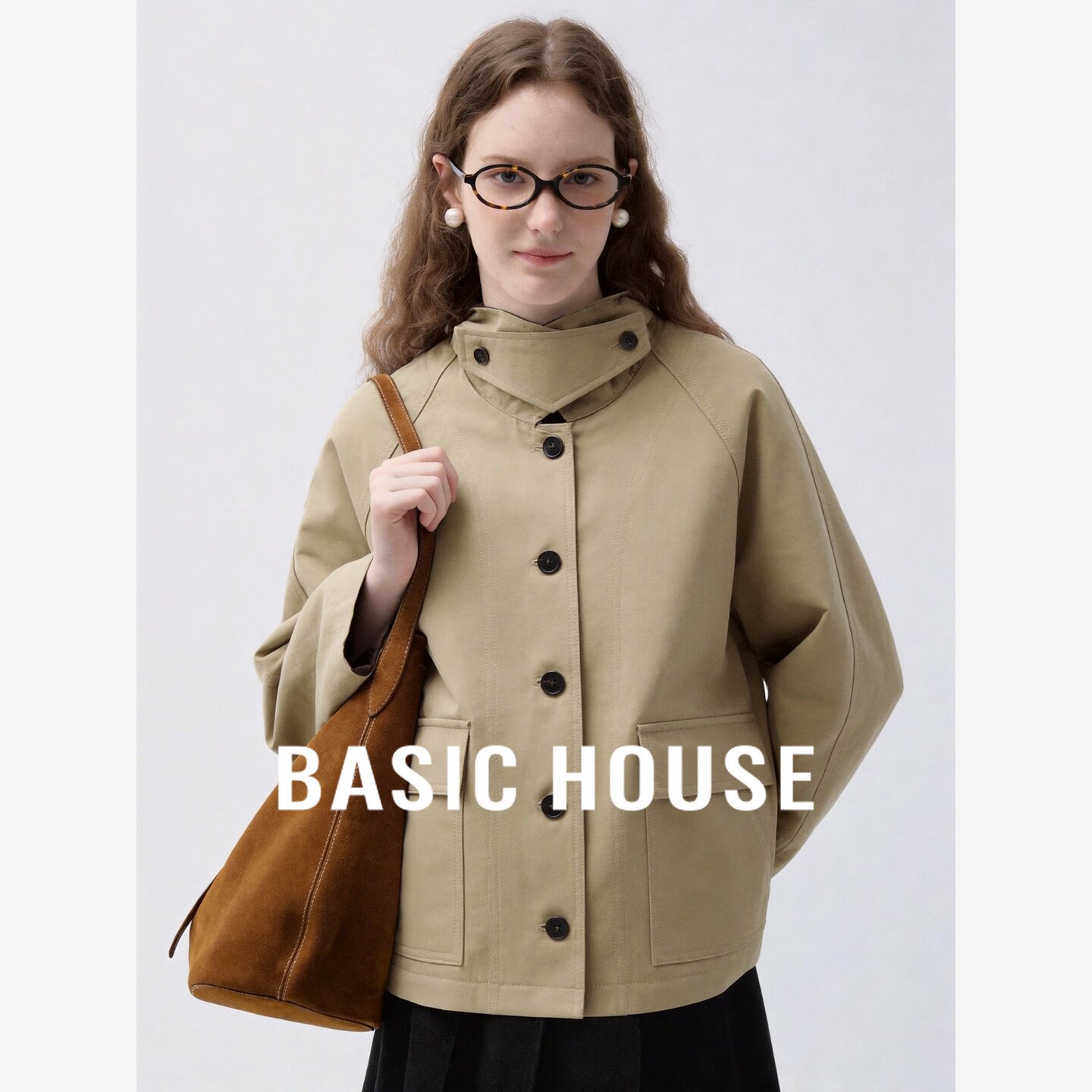 Basic House/百家好立领纯棉工装风短外套女宽松日常百搭休闲风衣