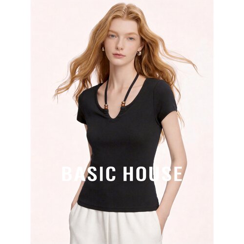 Basic House/百家好黑色V领短袖T恤女羊毛莱赛尔修身系带设计极简
