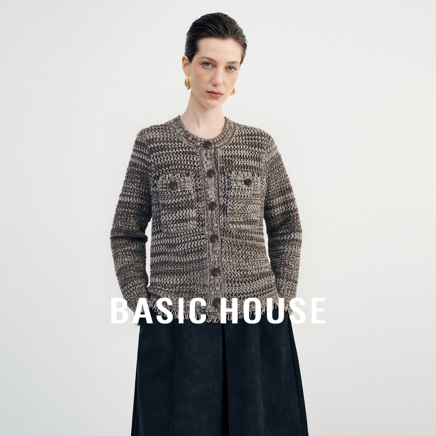 Basic House/百家好2025流苏毛边圆领毛衣柔软舒适绵羊毛短款上衣