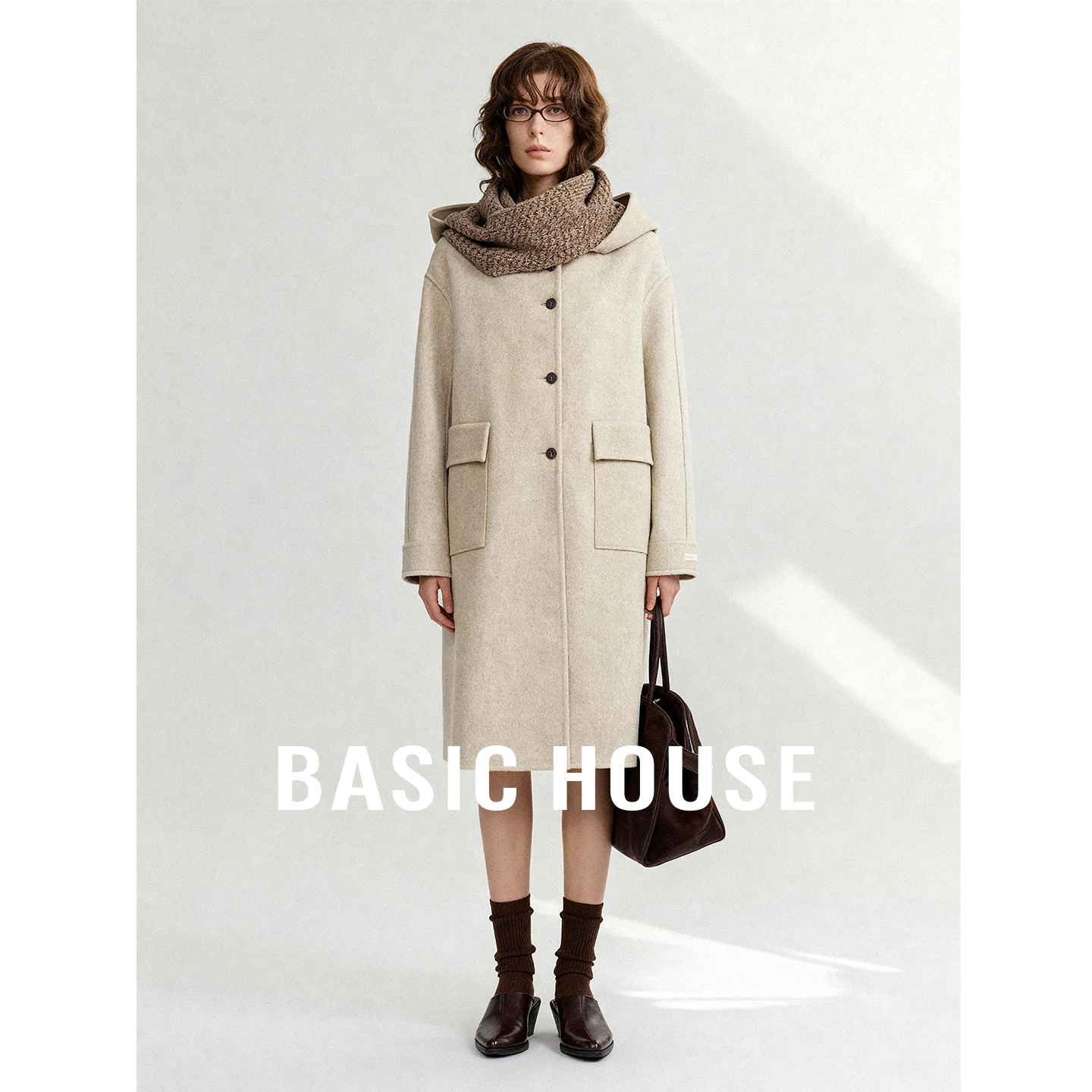 Basic House/百家好2025秋冬连帽长款毛呢外套流行羊毛双面呢大衣