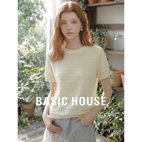 Basic House/百家好珍珠圆领短袖针织衫女夏新款透气薄款百搭上衣