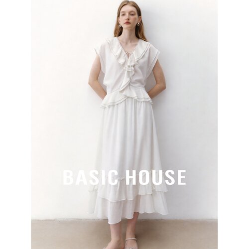 Basic House/百家好法式温柔风荷叶边V领白色套装女夏显瘦小众