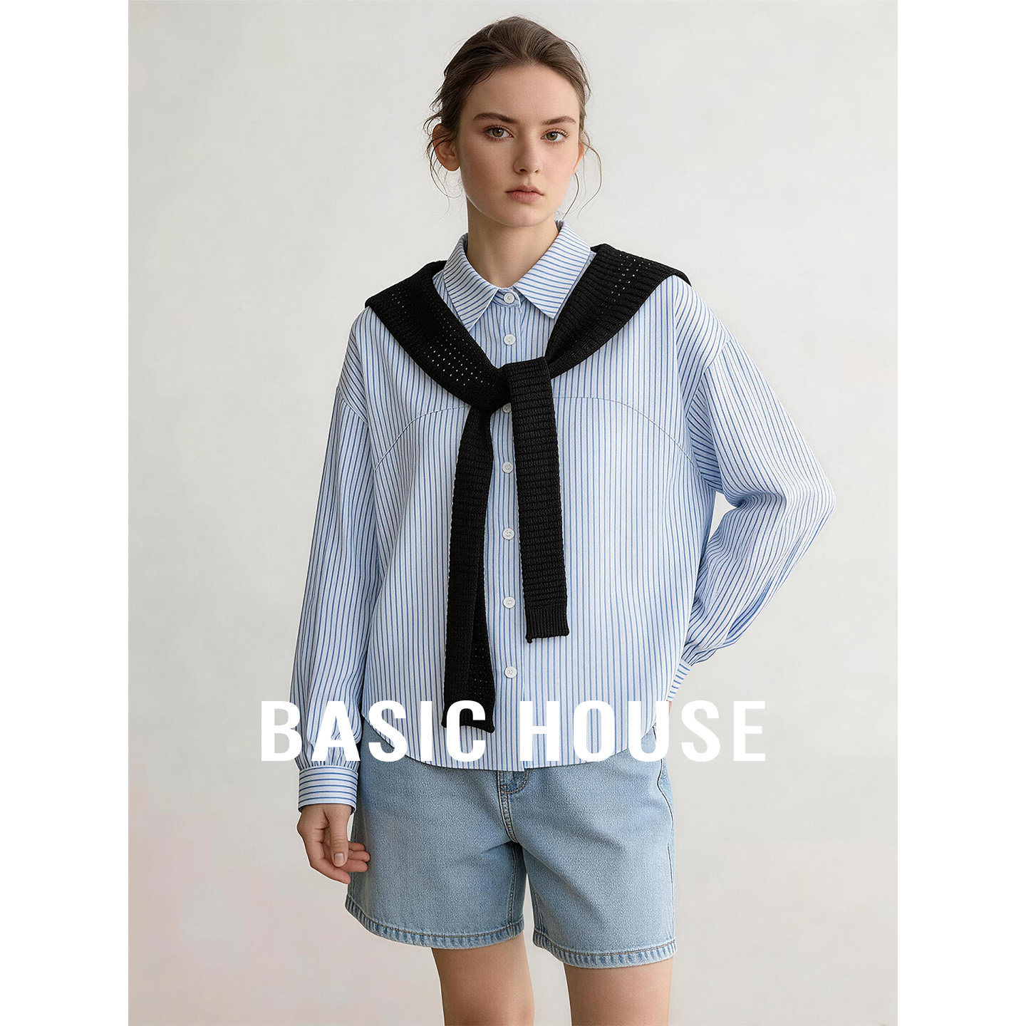 Basic House/百家好蓝色假两件设计感长袖衬衫女秋季带披肩上衣
