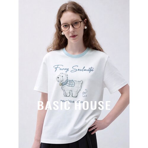 Basic House/百家好小狗印花短袖T恤女夏撞色领宽松减龄白色上衣