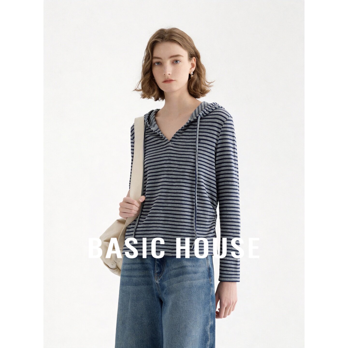 Basic House/百家好2026秋季蓝色条纹连帽宽松日常长袖连帽T恤女