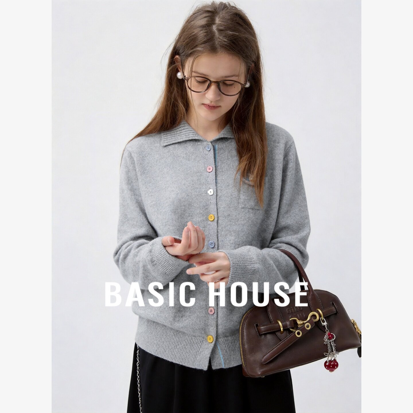 Basic House/百家好学院风翻领彩色纽扣针织开衫女宽松显瘦毛衣
