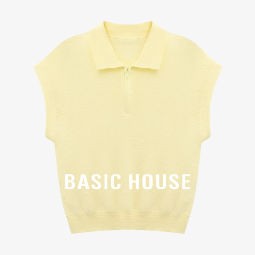 Basic House/百家好轻柔显瘦莱赛尔翻领针织衫纯色时髦短款上衣女