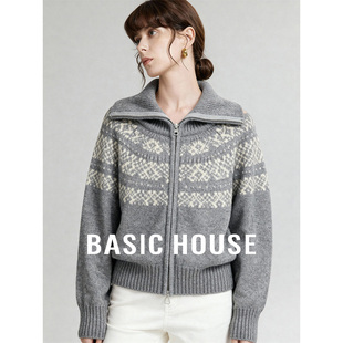 百家好2026早春费尔岛百搭红色高领毛衣拉链开衫女新款复古短上衣