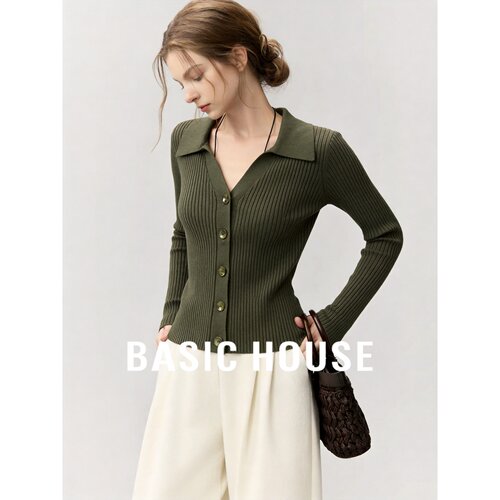 Basic House/百家好知性风polo领长袖针织衫女秋修身显瘦翻领毛衣