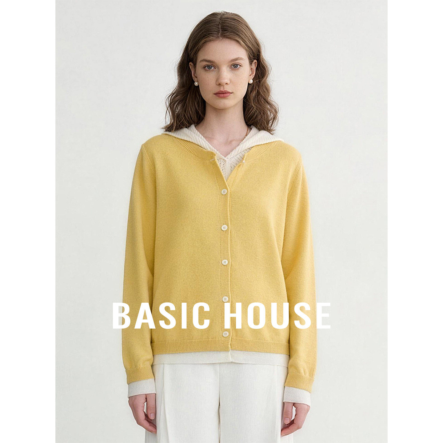 Basic House/百家好黄色假两件连帽针织衫女春季宽松百搭羊毛上衣