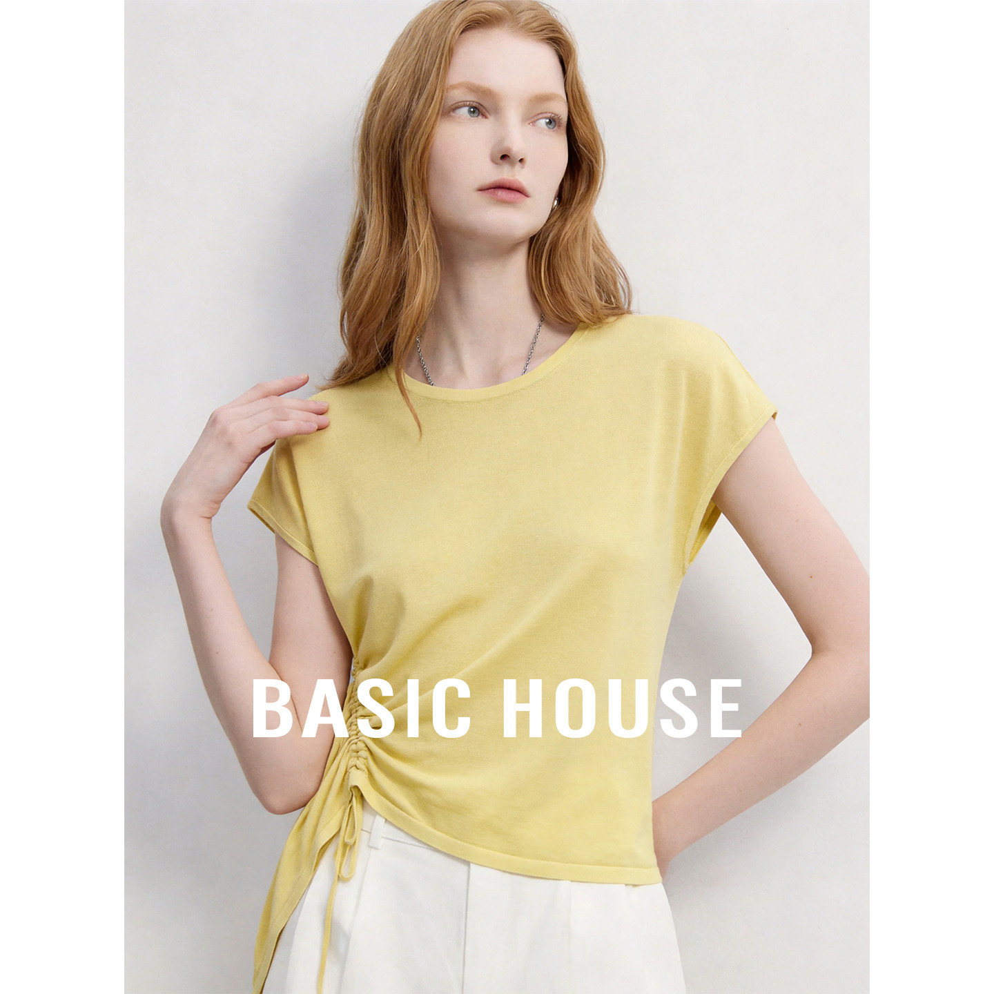 Basic House/百家好2026夏季新款黄色设计感针织衫女收腰套头上衣
