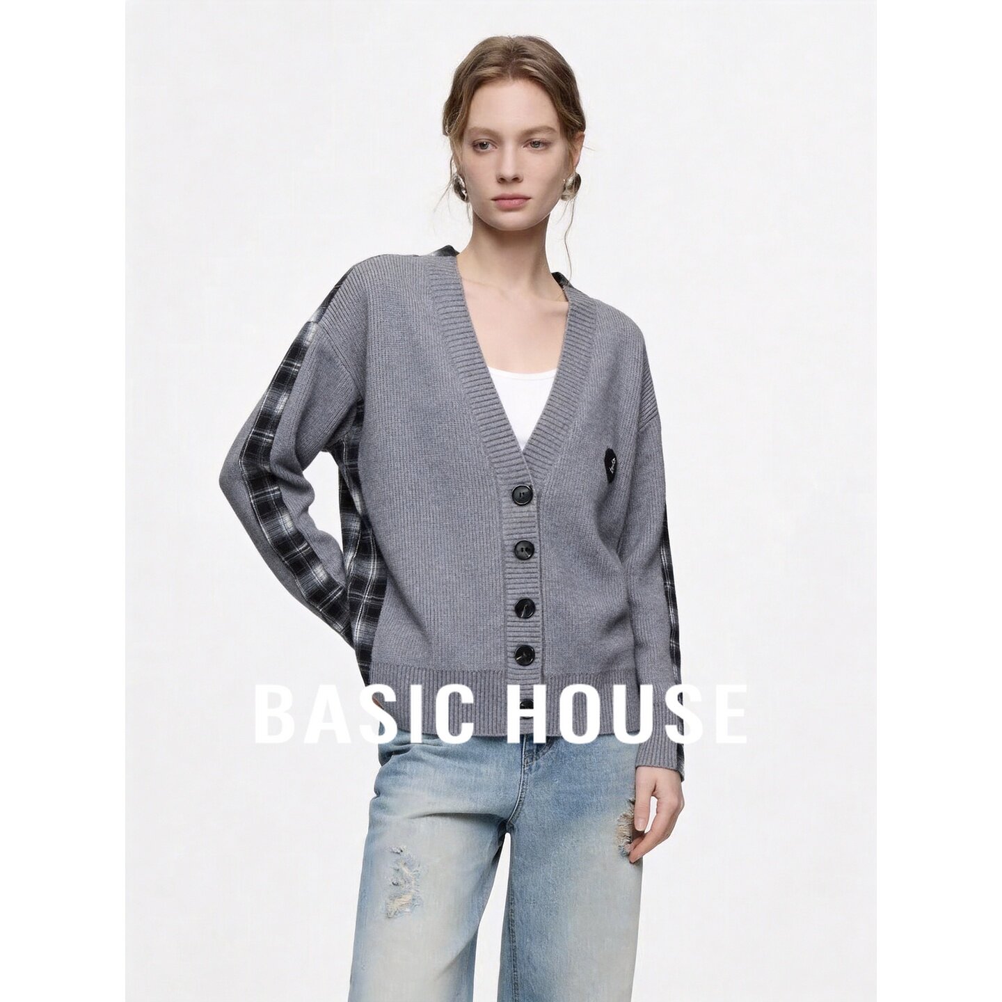 Basic House/百家好V领针织开衫女格子拼接设计感外套减龄上衣