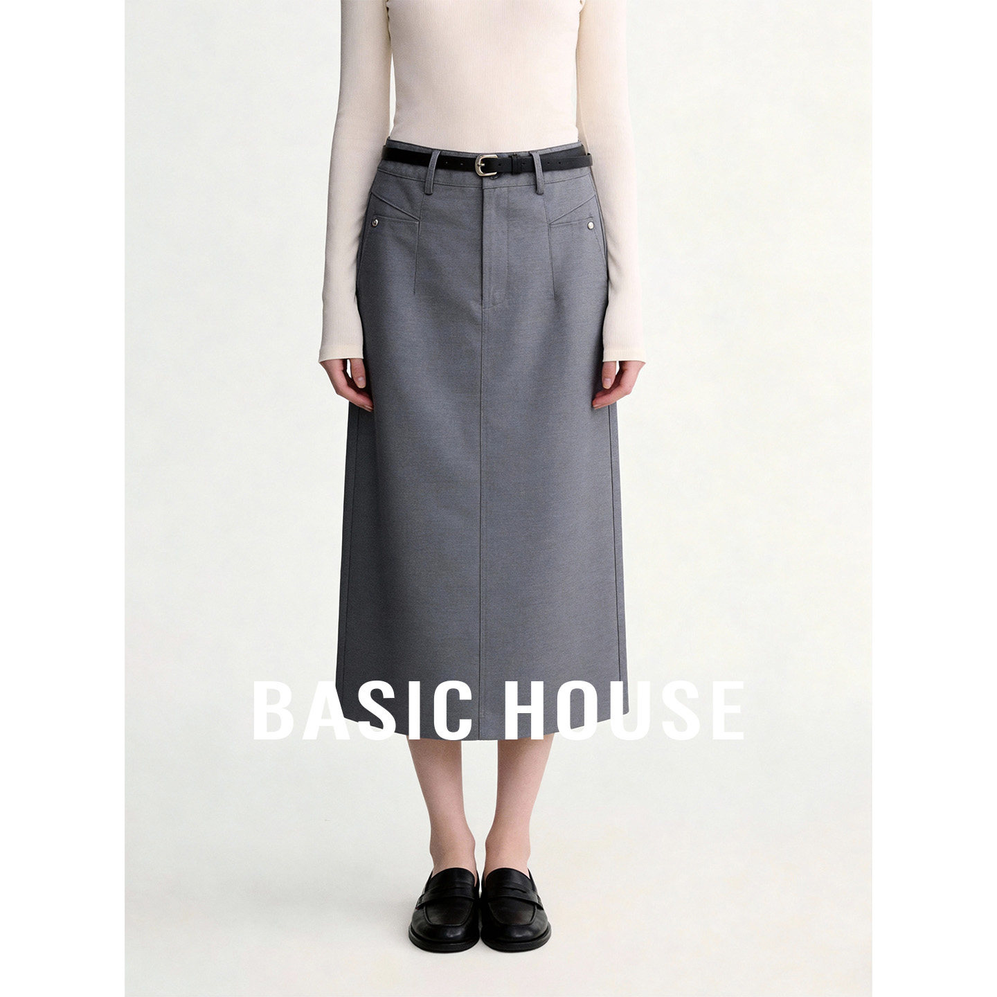 Basic House/百家好灰色高腰腰带简约半身裙女春宽松显瘦通勤H裙,女装/女士精品,半身裙,淘宝优惠券,粉丝福利购,淘宝优惠卷