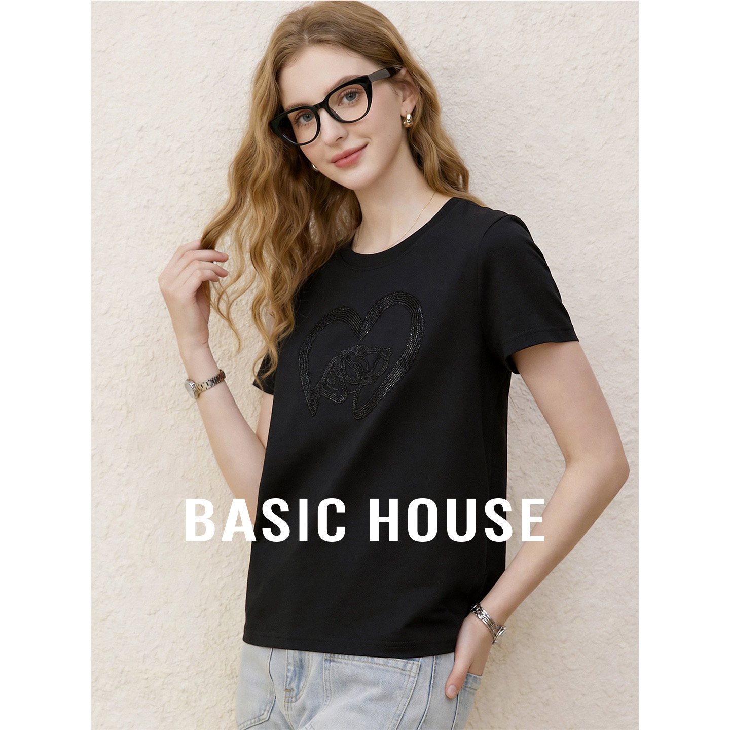 Basic House/百家好黑色含棉舒适短袖T恤女26夏季超好看套头上衣