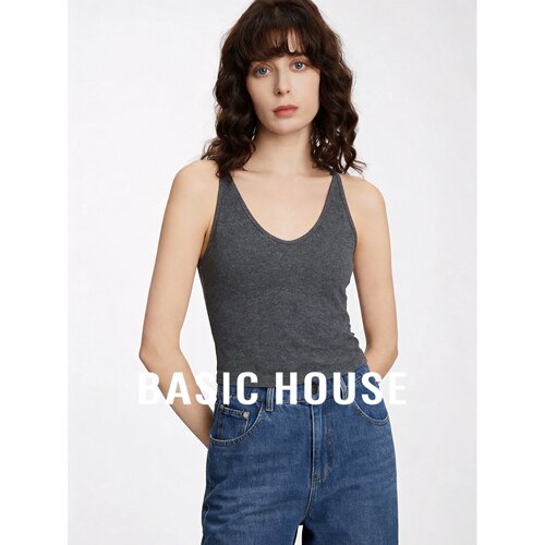 Basic House/百家好极简风V领背心女2026夏修身收腰短款无袖上衣