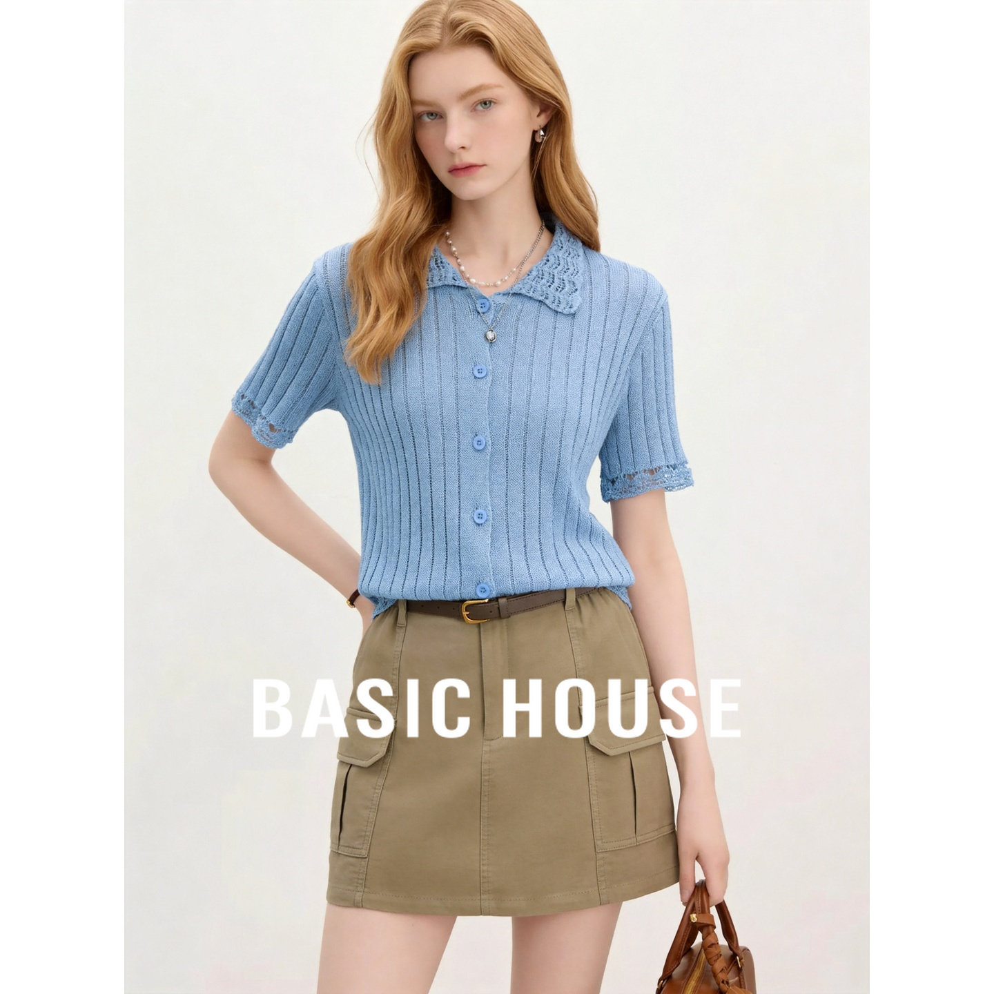 Basic House/百家好翻领蕾丝边针织短袖女夏薄款显瘦通勤蓝色上衣