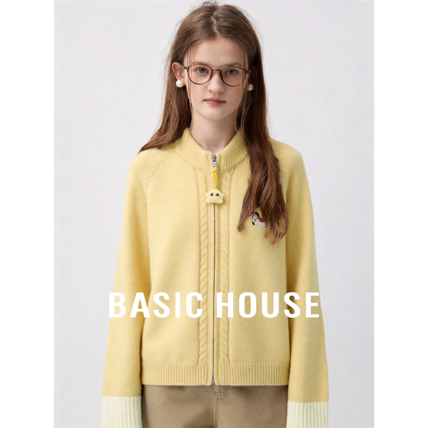 Basic House/百家好黄色针织开衫女拉链装饰软糯百搭减龄毛衣外套