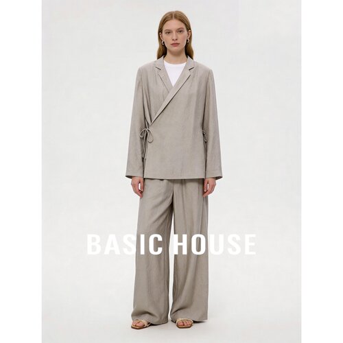 Basic House/百家好轻奢知性风女套装秋系带西装外套直筒裤两件套