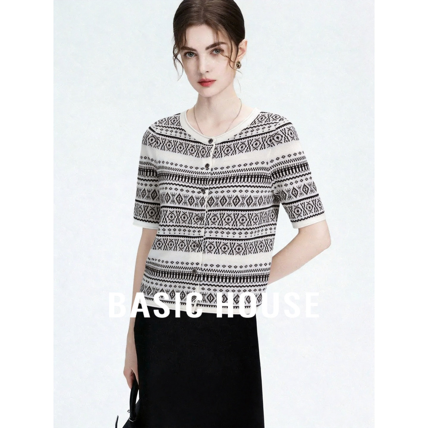Basic House/百家好白色复古图案短袖针织衫女2026夏季含蚕丝上衣