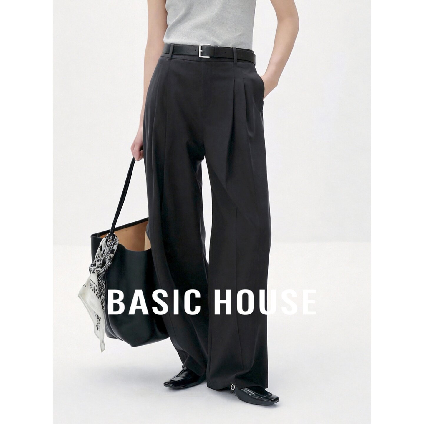 Basic House/百家好2026秋棉质黑色高腰宽松垂感通勤阔腿休闲裤女