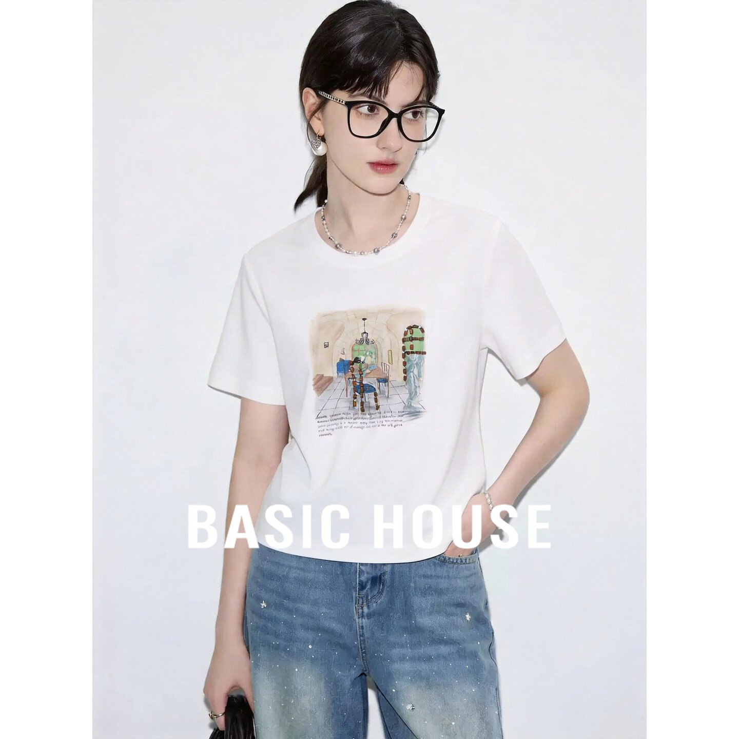 Basic House/百家好白色简约短袖T恤女夏季短款圆领宽松休闲上衣