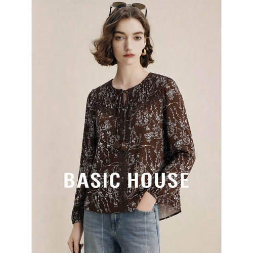 Basic House/百家好复古圆领系带宽松衬衫女春季显瘦撞色长袖上衣