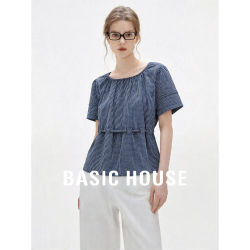 Basic House/百家好短袖格子衫抽绳收腰衬衫女夏季短款新款上衣