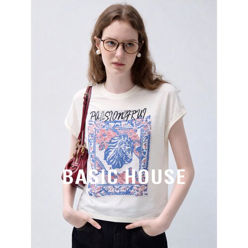Basic House/百家好米白印花短袖针织衫女夏薄款圆领宽松气质上衣