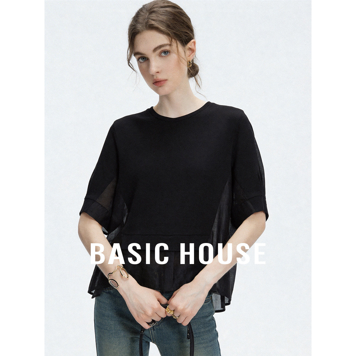 Basic House/百家好纯色拼接短袖T恤夏季莱赛尔轻薄圆领宽松上衣