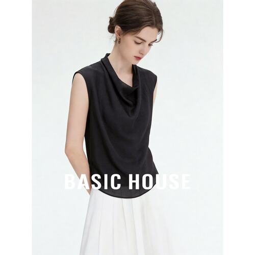 Basic House/百家好优雅风黑色荡领无袖背心女松弛感简约气质衬衫