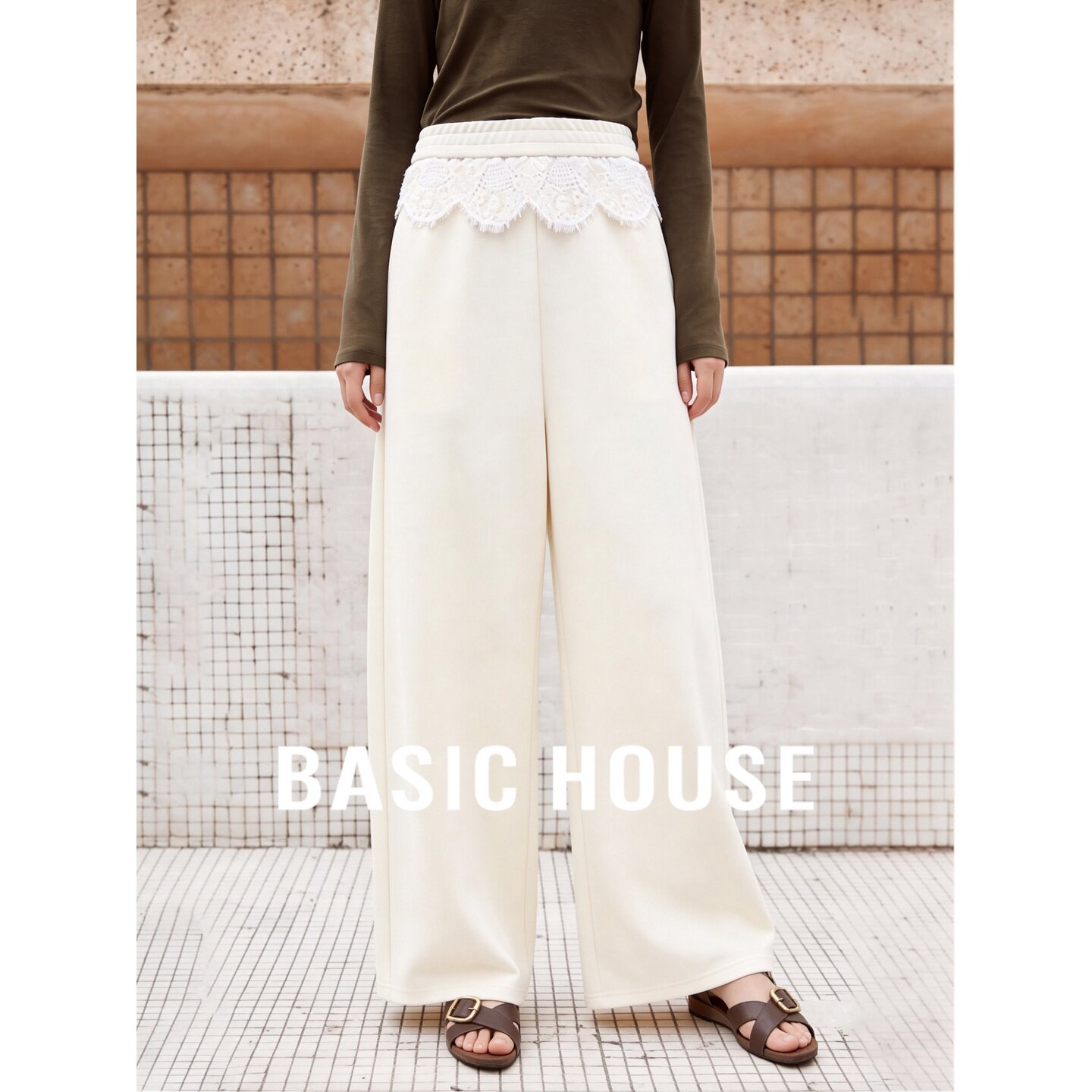 Basic House/百家好2026秋季新款米色蕾丝拼接宽松垂感阔腿休闲裤