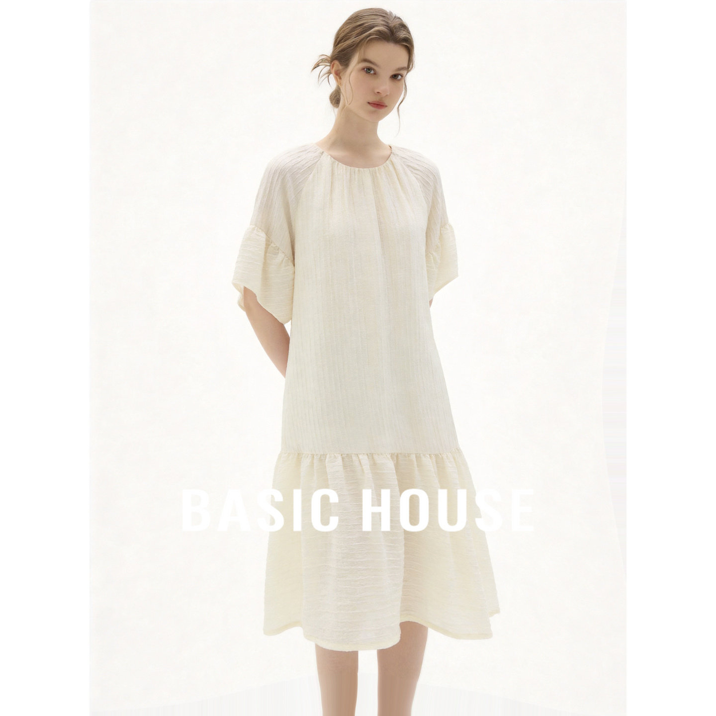 Basic House/百家好法式白色连衣裙女夏季2026新款短袖宽松中长款