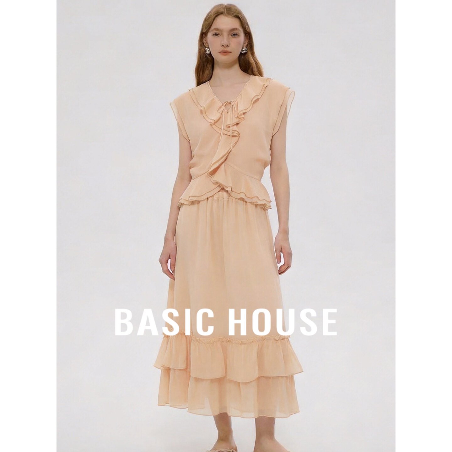 Basic House/百家好莱赛尔温柔荷叶边套装女夏绝美两件套气质穿搭