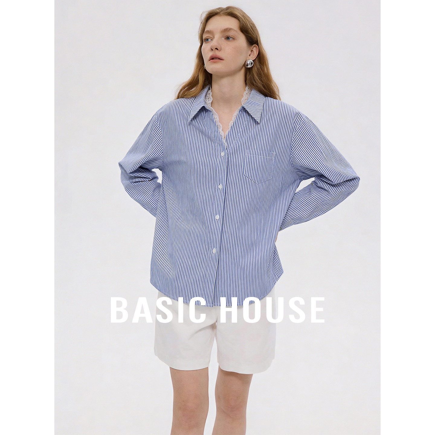 Basic House/百家好蕾丝拼接翻领衬衫女新款叠穿撞色条纹宽松衬衣
