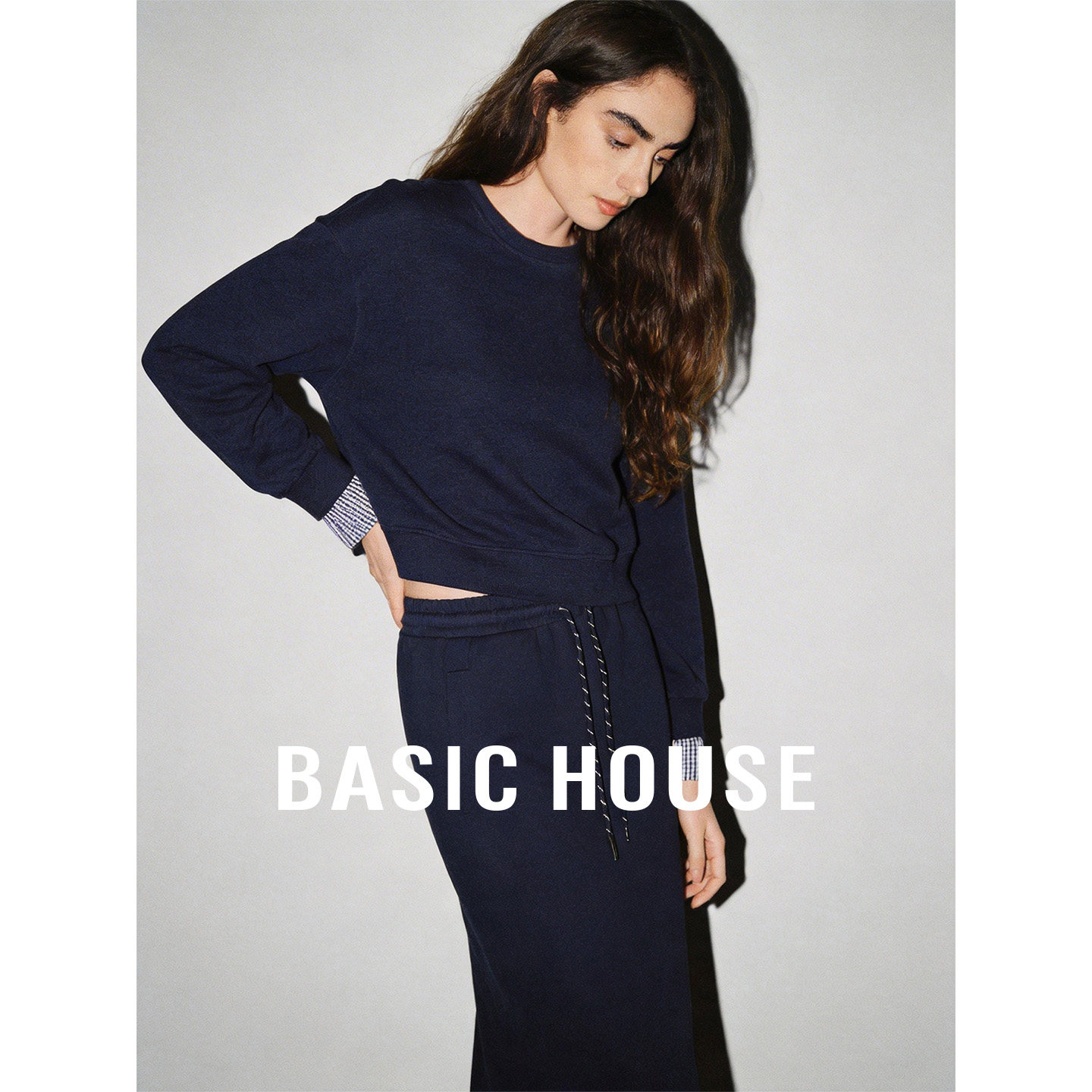 Basic House/百家好撞色休闲套装秋格子拼接上衣抽绳半身裙两件套