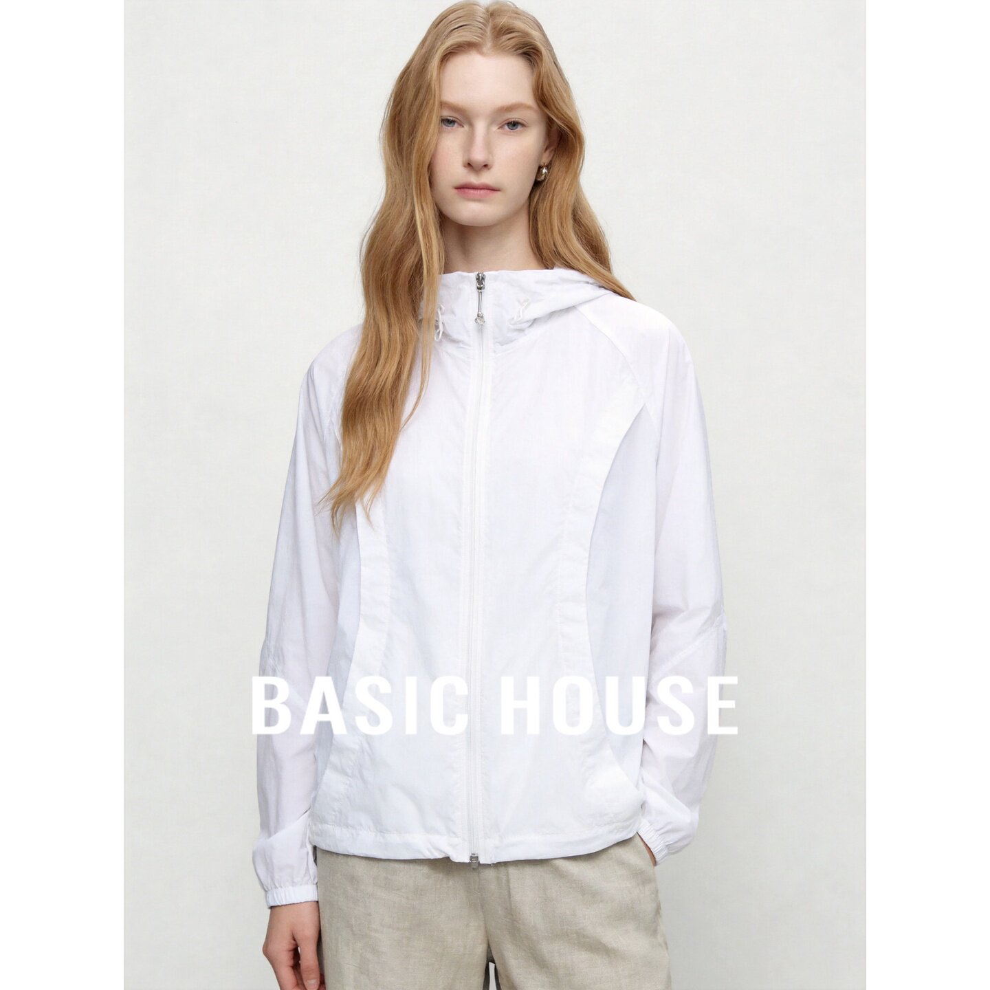Basic House/百家好轻薄防晒衣女2026夏季连帽拉链白色简约短外套