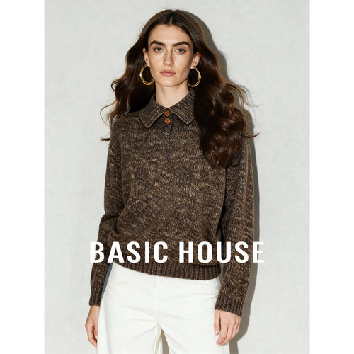Basic House/百家好冬季简约Polo领短款毛衣2025新款纯色长袖上衣