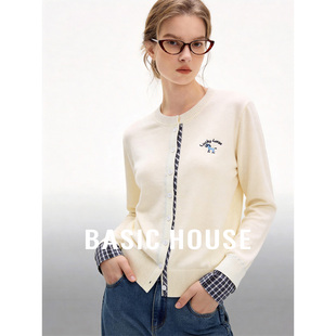 女春夏刺绣设计百搭毛衫 百家好米白色假两件针织开衫 House Basic