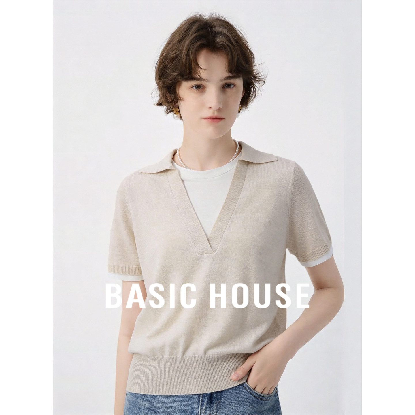 Basic House/百家好燕麦假两件Polo领短袖薄款宽松显瘦气质针织衫