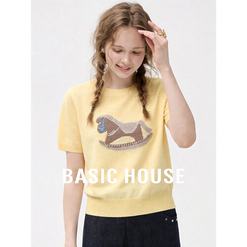 Basic House/百家好黄色圆领小马刺绣短袖针织衫女夏宽松百搭上衣