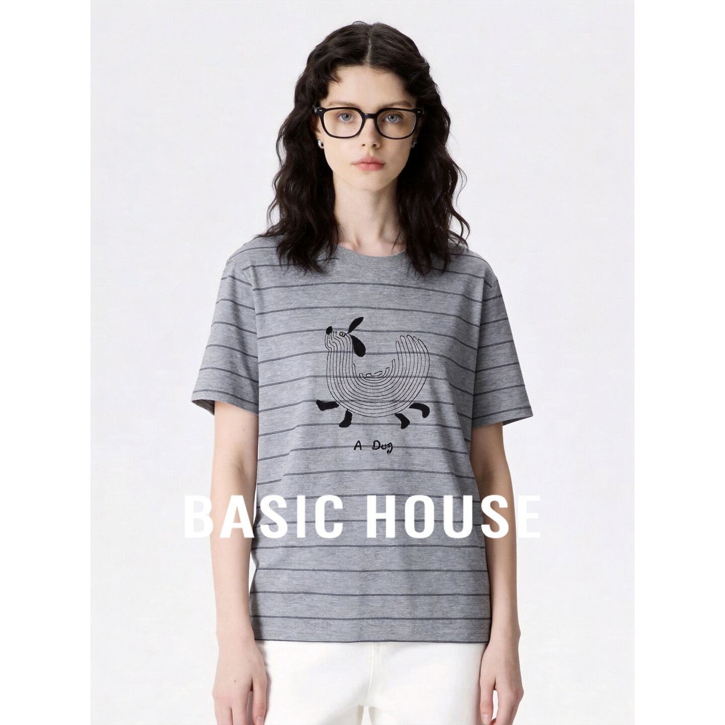 Basic House/百家好条纹印花短袖T恤韩版宽松灰色夏通勤日常穿搭