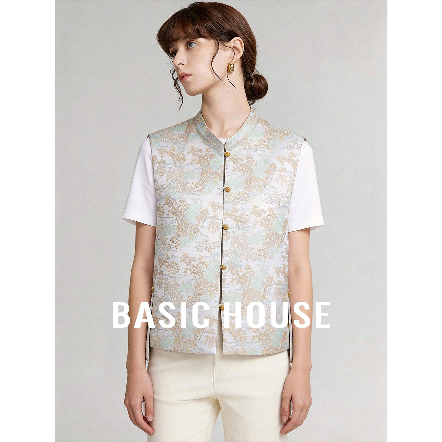 Basic House/百家好小立领国风设计马甲女26秋季新款刺绣百搭坎肩