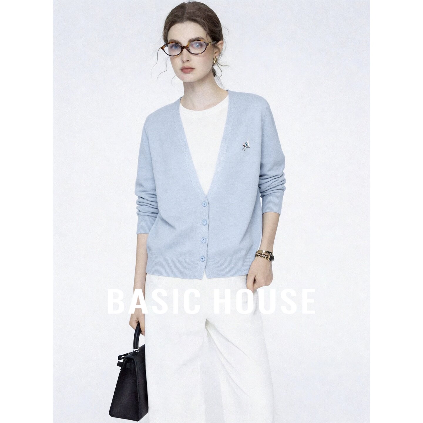 Basic House/百家好V领针织开衫女蓝色假两件显瘦百搭温柔风毛衣
