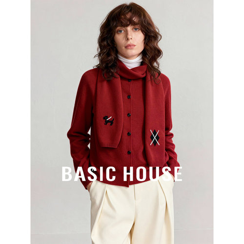 Basic House/百家好新年红色绵羊毛毛衣女25冬季巨好看百搭上衣