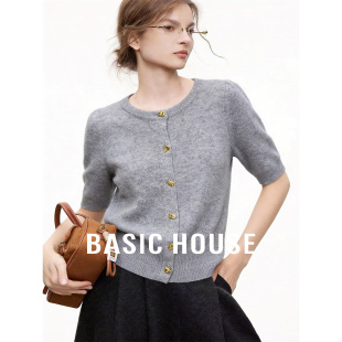 Basic House/百家好绵羊毛短袖针织衫女2026新款百搭圆领开衫上衣