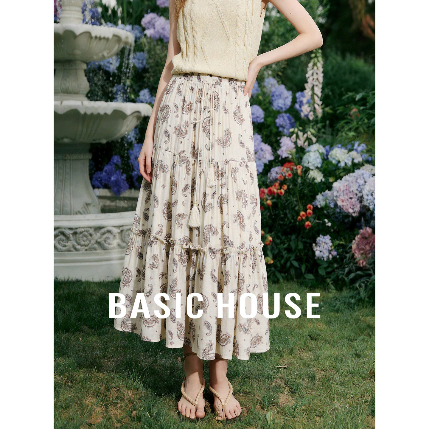 Basic House/百家好2026夏季复古高腰印花小众设计感中长款半身裙
