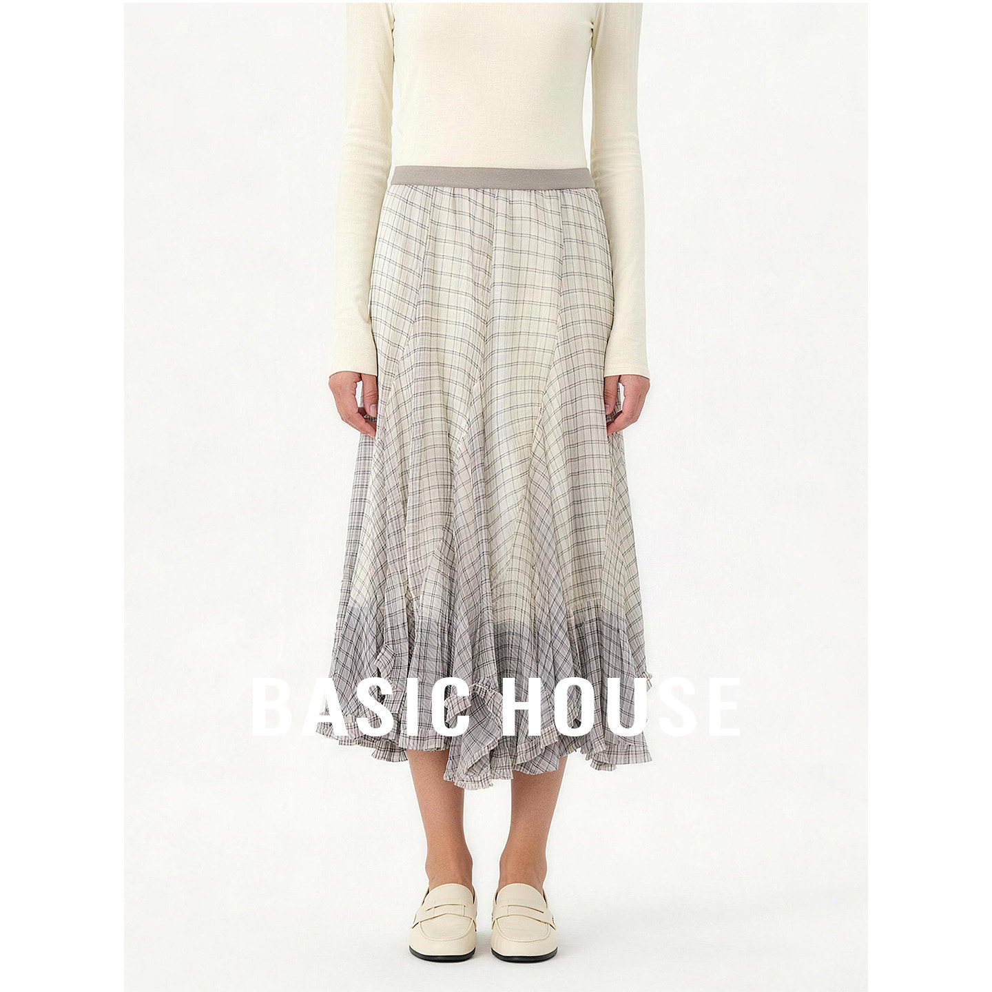 Basic House/百家好复古格纹半身裙女秋不规则下摆设计A字中长裙